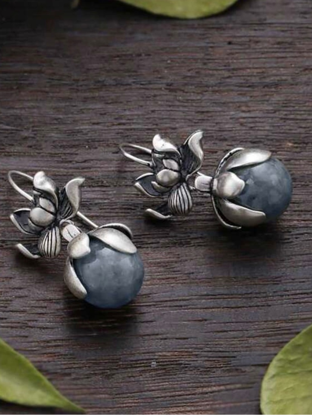 Vintage Silver Lotus Drop Earrings with Blue-Grey Stone - Picture 2 of 5
